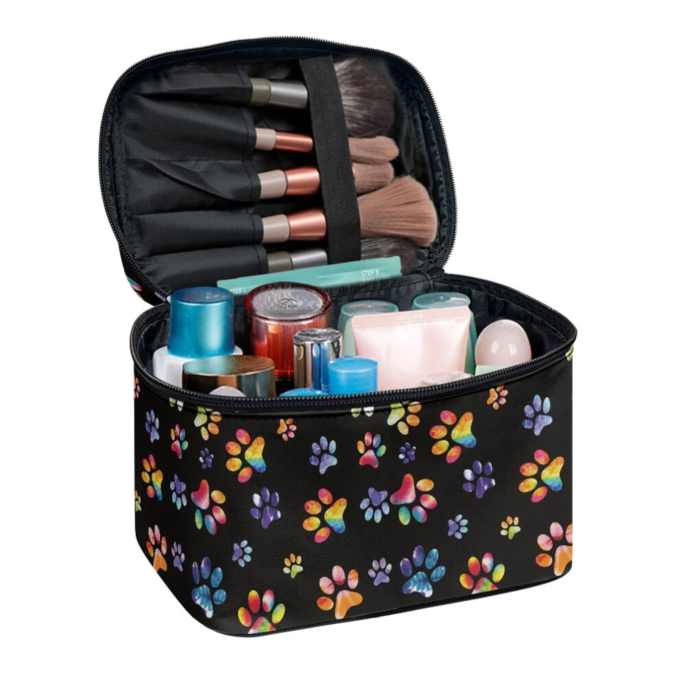 Women's Travel Makeup Bag with Dog Paw Prints and Brush