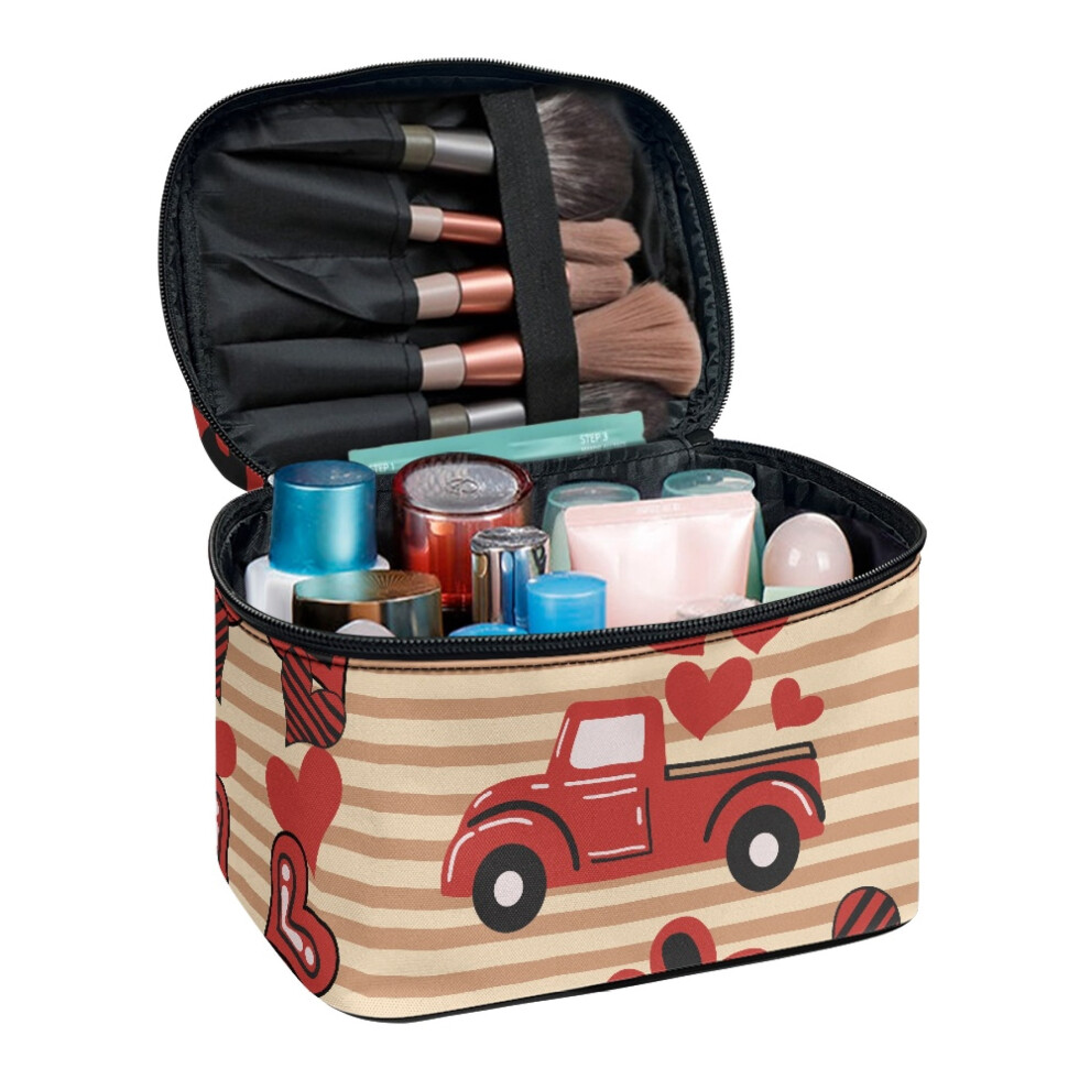 Heart-Shaped Truck Pattern Travel Cosmetic Organizer Bag Brush Slots Portable Polyester Portable and Durable for Women & Men
