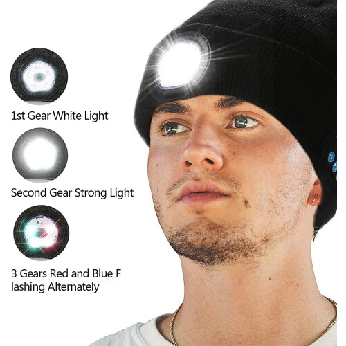 Gorro Bluetooth com luz, recarregável via USB, lanterna de cabeça sem fio, microfone e alto-falantes estéreo – Compatível com iPhone/Android 1