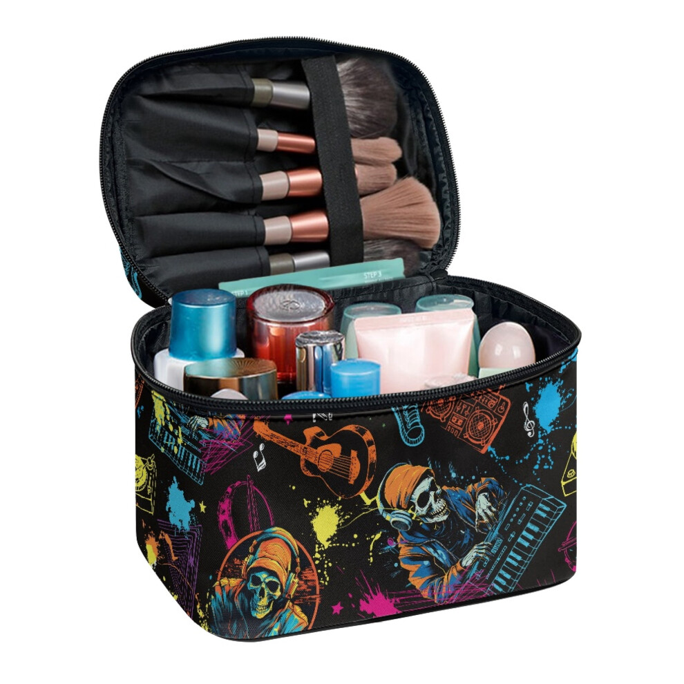 Light 8.86 X 6.5 X 5.9 Inches Portable Cosmetic Makeup Bag Hand-Held Skull Music Design Women Travel Makeup Bag Organizer With Slip-In Pockets Gifts
