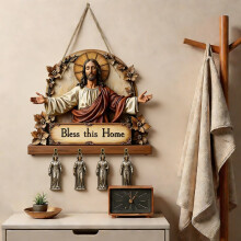 Tupukom Key Holder Under $10 – Rustic Wooden Wall Art with 4 Hooks, Farmhouse Christian Decor, Compatible with Home Entryway