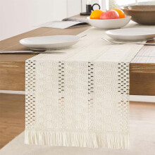 Boho Table Runner Linen Woven Macrame Table Runner with Tassels – Elegant Bohemian Home Decor for Dining Table, Weddings, Parties & More