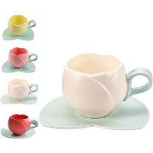 Ceramic Tulip Coffee Mug with Saucer Set, 10.1 Ounces, Red, Floral, 300 milliliters