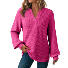 Women Quilted V Neck Blouse Solid Color Long Sleeve Casual Sweatshirt Trendy Sport Tops