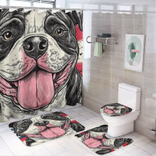 Ensemble de rideau de douche 4 pièces avec tapis bouledogue, couvre-abattant et tapis antidérapant en forme de U – Décoration de salle de bain