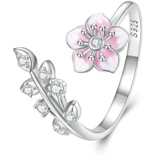 Pink Cherry Blossom Adjustable Ring, S925 Sterling Silver, Hypoallergenic CZ, Compatible with Wedding/Engagement/Love Promise