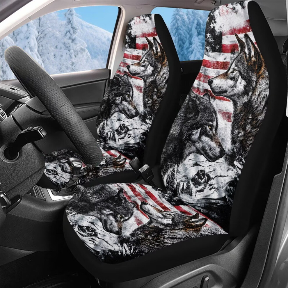 2Pcs Wolf American Flag Car Seat Covers, High Back, Breathable, Universal Fit For Most Sedans, Trucks & Suvs, Compatible With All Models Coral 9193271997061
