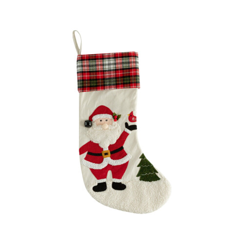 Christmas Stocking Santa Pattern Plaid Fluffy Cuff 18x7 Inch