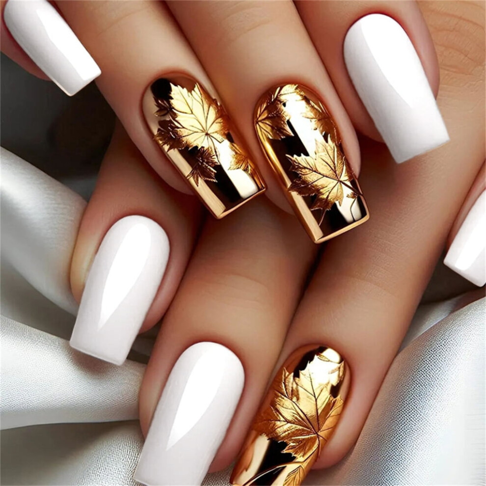 24 Pieces Fall Themed Press On Nail Medium Square Shape White and Gold Glossy Faux Nail with Maple Leaves for Nail Art
