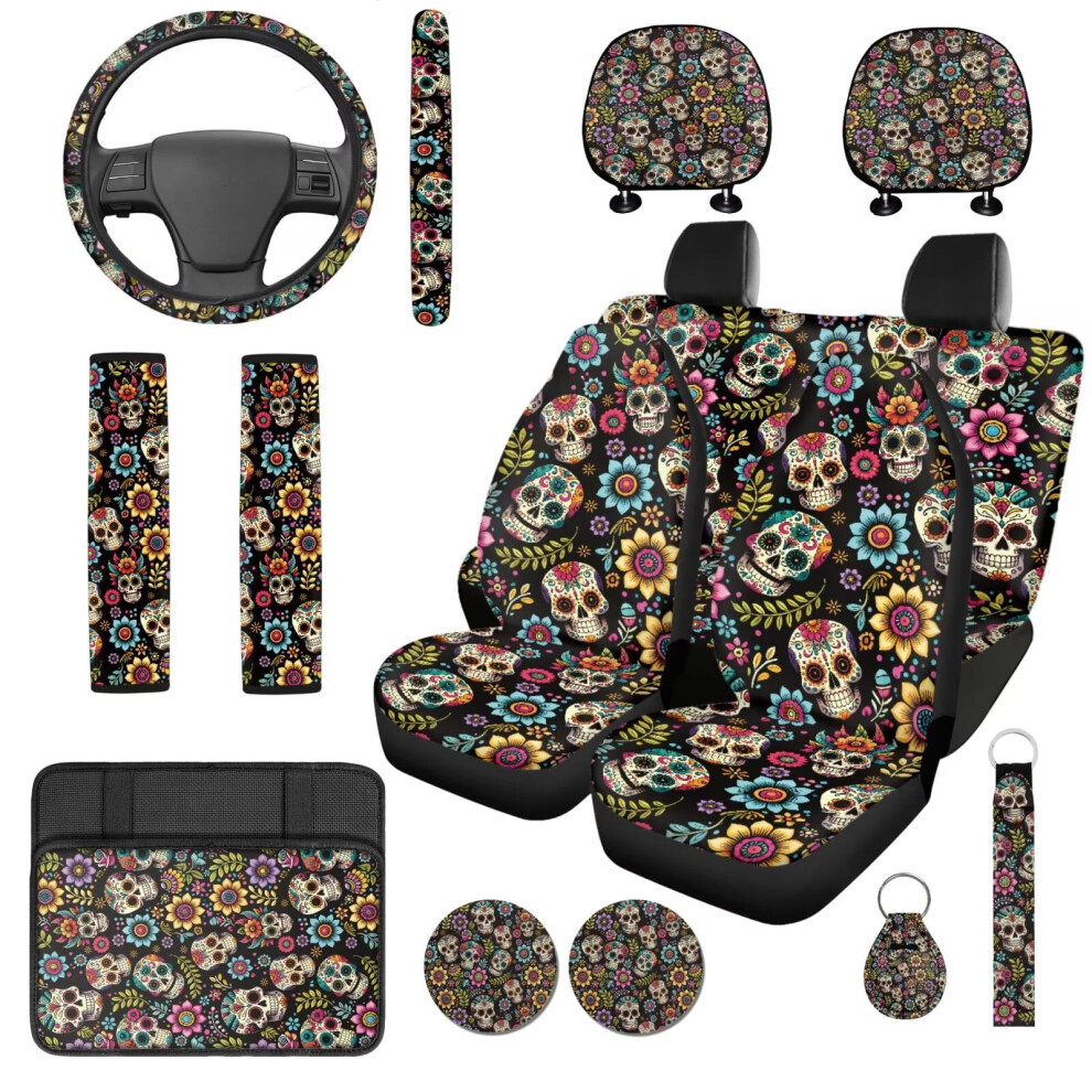 Sugar Skull Flowers 14-Pc Car Seat Cover Set W/ Headrest, Steering Wheel, Console & Seat Belt Covers Â Compatible With Cars & Suvs 9193271997092