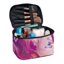 Make-up tas met vlinder- en marmerlook, dubbele ritssluiting en grote inhoud.