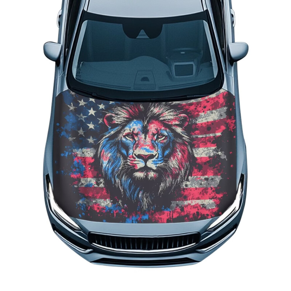 Stretchable Polyester Car Hood Cover, Heat-Resistant, Lion/American Flag Design, Compatible With Cars, Trucks, Suvs, Vans 9193271997122
