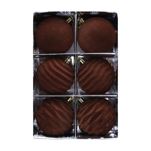Brown Flocked Christmas Tree Ornaments Set, 6pcs 8cm