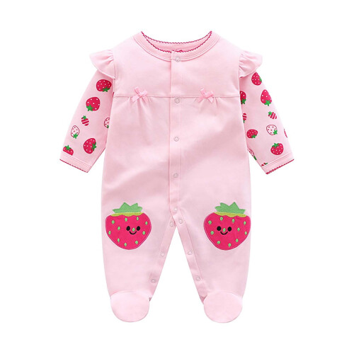 Baby One Piece Romper Soft Cotton Strawberry Print Footed