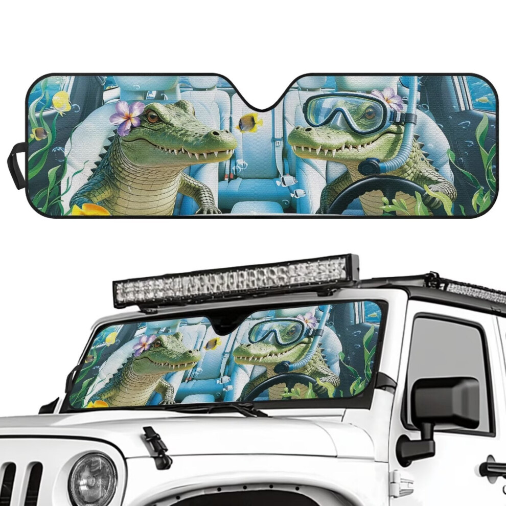 Foldable Windshield Sun Shade With Funny Crocodile Print, Uv Blocking, Compatible With 2024 Jeep Wrangler Jl/Jlu/4Xe 9193271998204