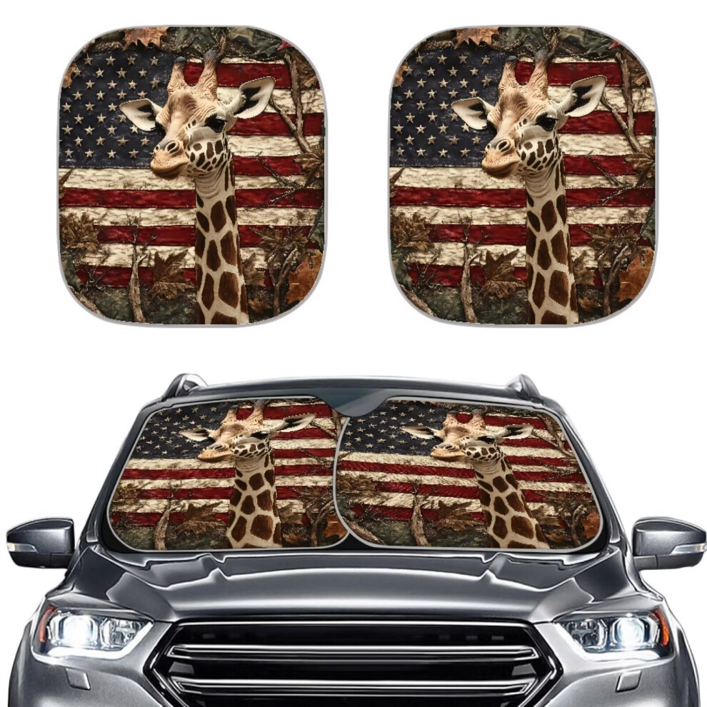 American Flag Giraffe Car Sun Shade (2Pcs), Windshield Cover For Suv, Wear-Resistant, Easy-Store Front Window Visor Â Compatible With All Cars 9193271998686
