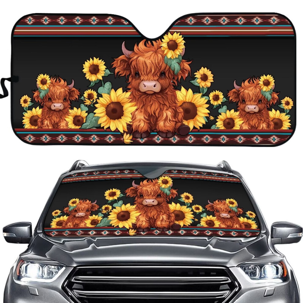 Aztec Geometric Baby Highland Cow Sunflower Car Sun Shade – UV Protection Windshield & Window Cover for Cars, Trucks, SUVs