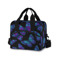 Sac à déjeuner isotherme bandoulière 10 L avec bandoulière ajustable, idéal pour le travail, le bureau et les pique-niques. Motif papillon bleu.