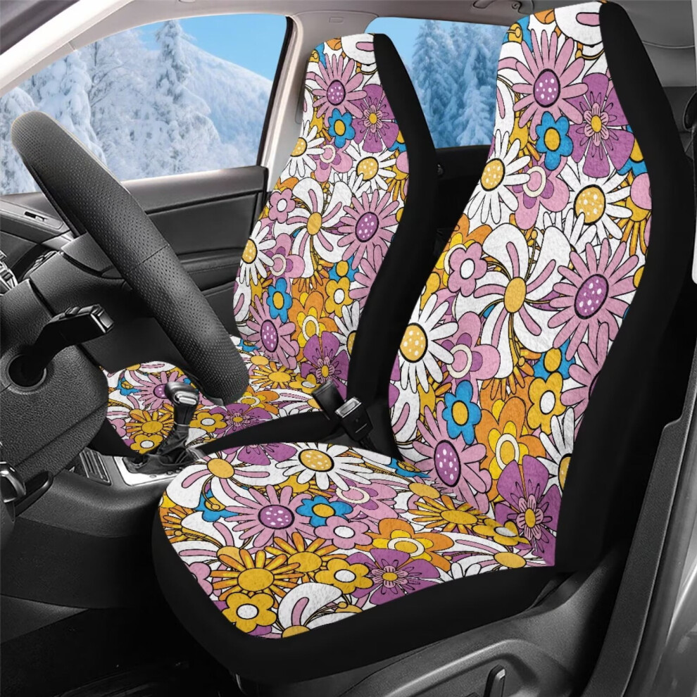 Soft Fleece Car Seat Covers, Hippie Flower Design, Universal Fit For Sedan/Suv/Pickup/Van, 2Pcs, Compatible With All Models Coral/Purple 9122141067337