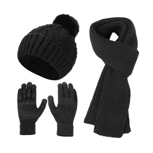 Conjunto feminino de gorro, cachecol e luvas de lã com trama dupla. 2