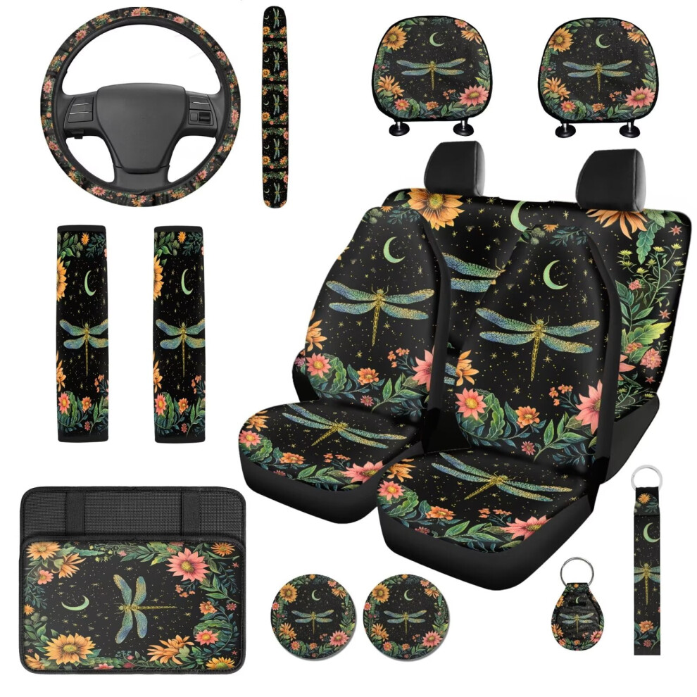 Dragonfly Floral 14-Pc Car Seat Cover Set W/ Steering Wheel, Headrest, Console & Seat Belt Covers Â Compatible With Most Cars & Suvs 9122141067474