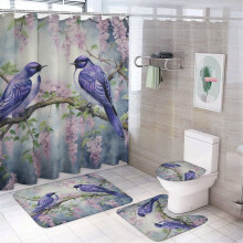 4-Piece Shower Curtain Set with Swallows & Wisteria Non-Slip Rugs, Toilet Mat & Lid Rug – 72"x72" Bathroom Decor