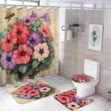 Ensemble rideau de douche Spring Bee Red Geranium (4 pièces) + tapis de bain, tapis de sol en forme de U, couvre-abattant de toilette, tapis ovale