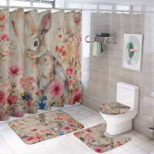Bunny in Garden 4-Pc Shower Set with Waterproof Curtain, Non-Slip Rug, Toilet Lid Cover & Bath Mat – Compatible with Standard Showers