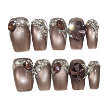 (1254, S) Glossy Cat Eye Press On Nails With Zircon, 10Pcs