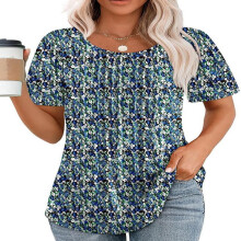 Damebluser Blomsterprintede plisserte kortermede tunikaer for kvinner Pene, avslappede sommerskjorter