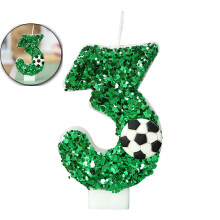Birthday Cake Candle, White Green Soccer Number 3 Cake Topper, Sparkling Sequins Football Theme Birthday Party Decorations