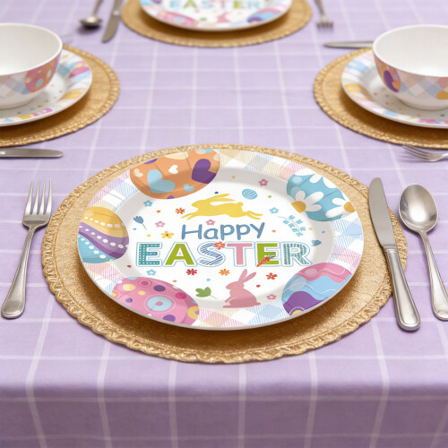 10Pcs Happy Easter Paper Plates, Bunny & Egg Design Disposable Dinnerware for Parties 1