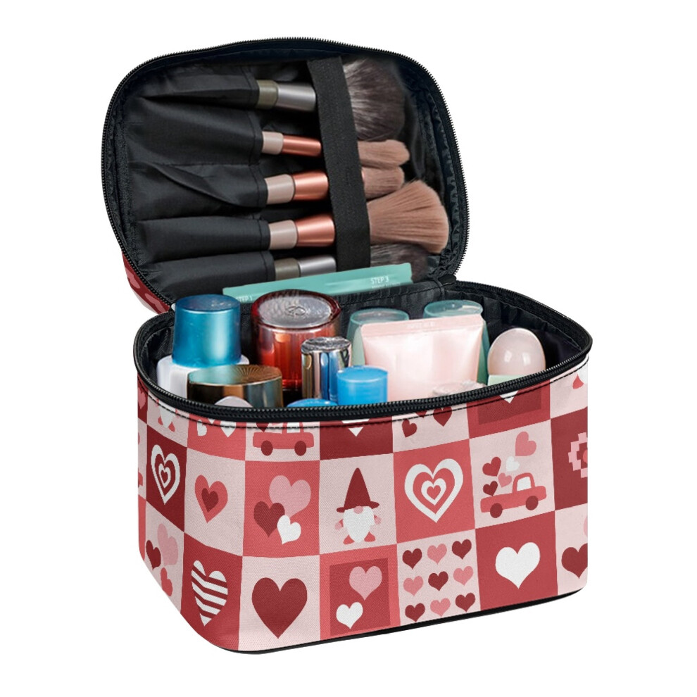 Valentine Gnome Hearts Portable Travel Makeup Bag with Brush Slots Double Zipper Wide-open Polyester