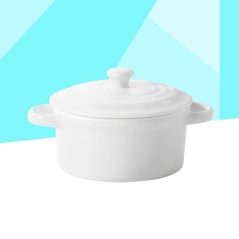 White Ceramic Bowl with Lid Double Handles for Soup Instant Noodles