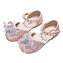 Girls Sparkle Princess Dress Shoes Bow Wedding Party Flower Bridesmaids Mary Jane Ballet Flats Pink 7-8 Years