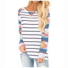T-shirts décontractés d'automne pour femmes, coupe ample, col rond, coutures contrastées, manches longues, blouse tunique, sweat-shirt, pull,