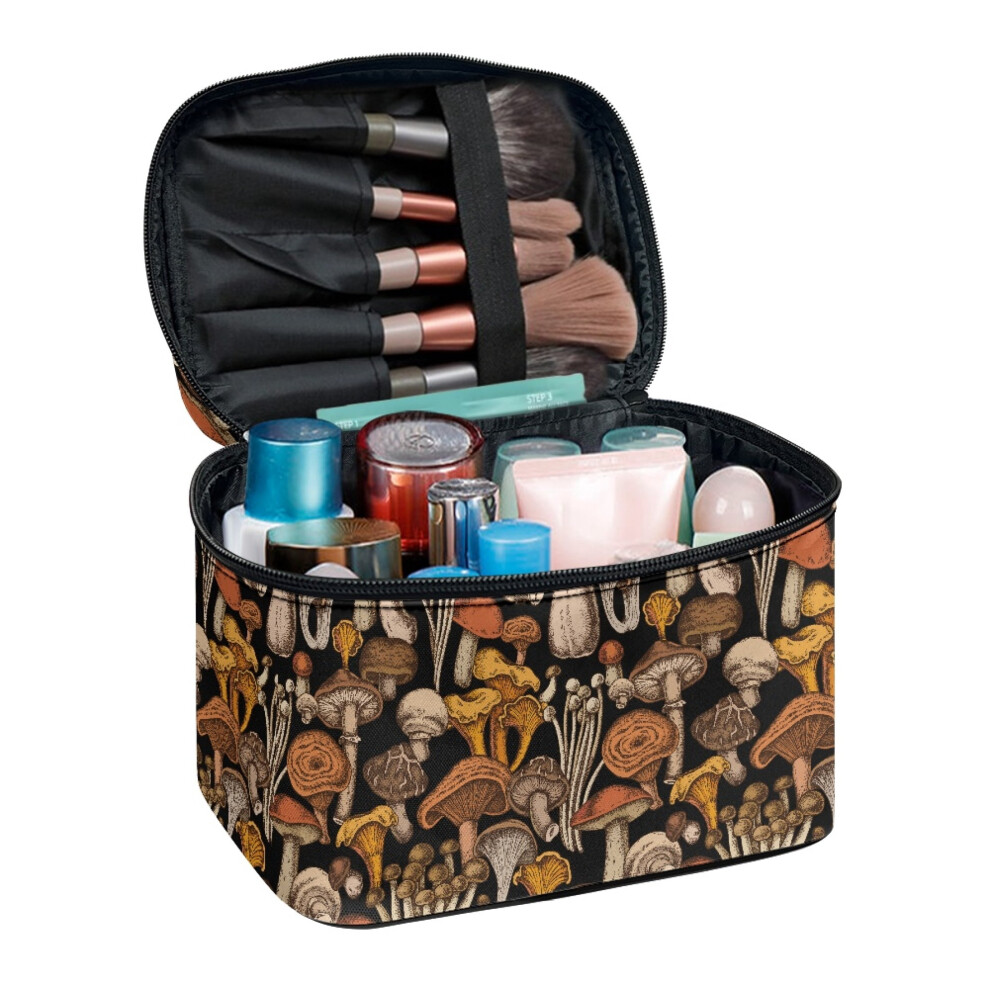Mushroom Make Up Case Organizer Wide Open Portable Pouch with Brush Holder with Slip-in Pockets for Makeup Mom