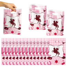 Denim Girl Plastic Bags, 50Pcs Rectangular Die Cut Handle Bags Party Favor Giftwrap for Baby Showers, Girls' Birthdays Parties Supplies (Pink)