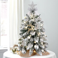 22" Flocked Mini Christmas Tree with 10FT Warm Lights, Burlap Base – Tabletop Decoration for Home/Office – Compatible with Holiday Decor