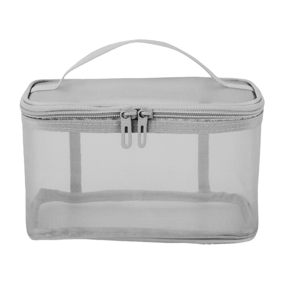 Grey Nylon Mesh Double-Layer Makeup Bag With Divider, Large Capacity Travel Toiletry Organizer For Women Â