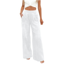 Women's Wide Leg Pants White Cotton Blend High Waisted