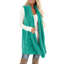 Gilet da donna senza maniche con tasche, risvolto, aperto sul davanti, cardigan in pile, maglione, giacca soffice, cappotto verde