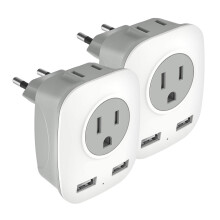 2-Pack EU Travel Plug Adapter with 2 USB + 2 US Outlets – 4-in-1, Compatible with Type C (Italy, France, Spain, Greece)