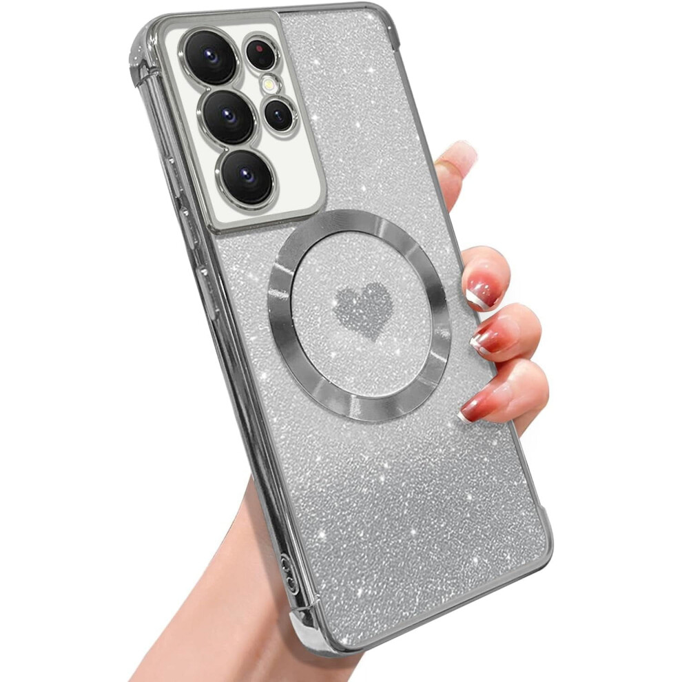 Magnetic Galaxy S21 Ultra Case For Women Â Soft Luxury Bling Gradient Glitter Heart Cover, Magsafe Compatible, Clear Shockproof, 6.8Â, Silver 9193271253075