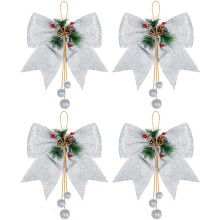 Whaline 4pcs Silver Glitter Christmas Bows (9.8x11.8"), Large Wreath & Tree Ornaments, Party Gift Decor