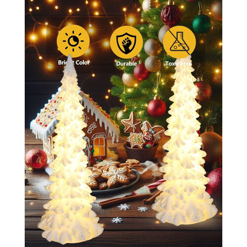 2 White Resin Tabletop Christmas Trees with Lights, 8.3 in 2