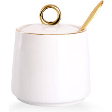 Sucrier en céramique avec couvercle et cuillère, pot à sel/épices en porcelaine à motif golf pour la cuisine ou le coin café – Blanc