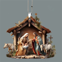 Kerstornamenten met de Heilige Familie en de geboorte van Christus, bedrukt met sublimatieprint, religieuze kerstboomversieringen met Jezus, Maria en