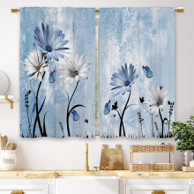 Rideaux Ă motifs marguerites bleus style ferme, rideaux courts rustiques Ă fleurs pour cuisine/salle de bain, 70 x 99 cm, passe-tringle, motif