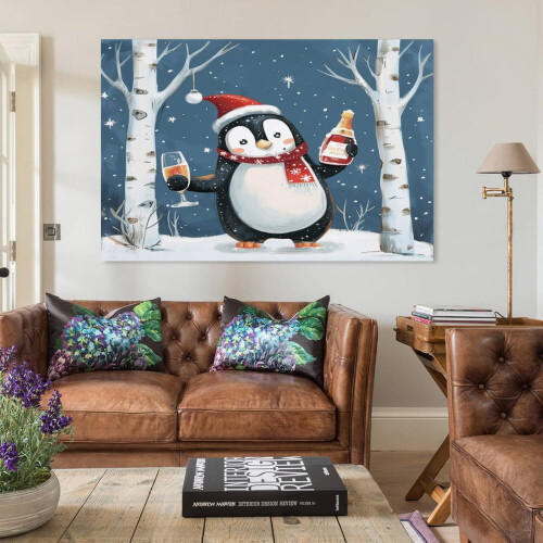 Quadro em tela com pinguim feliz, 20x30cm (8x12 polegadas), sem moldura – Decoração moderna para banheiro/quarto, compatível com estilo rústico. 2